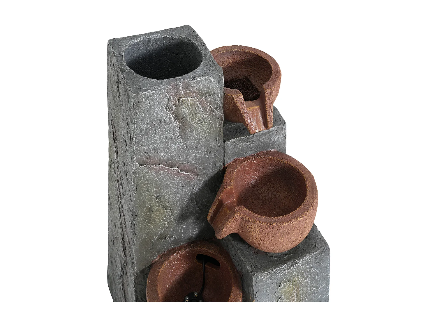 Fontaine de Jardin Cascade à 3 Niveaux avec Éclairage LED et Jardinière Intégrée - Décoration d'Extérieur Design Rocher en Résine - 27x26x31cm - Gris