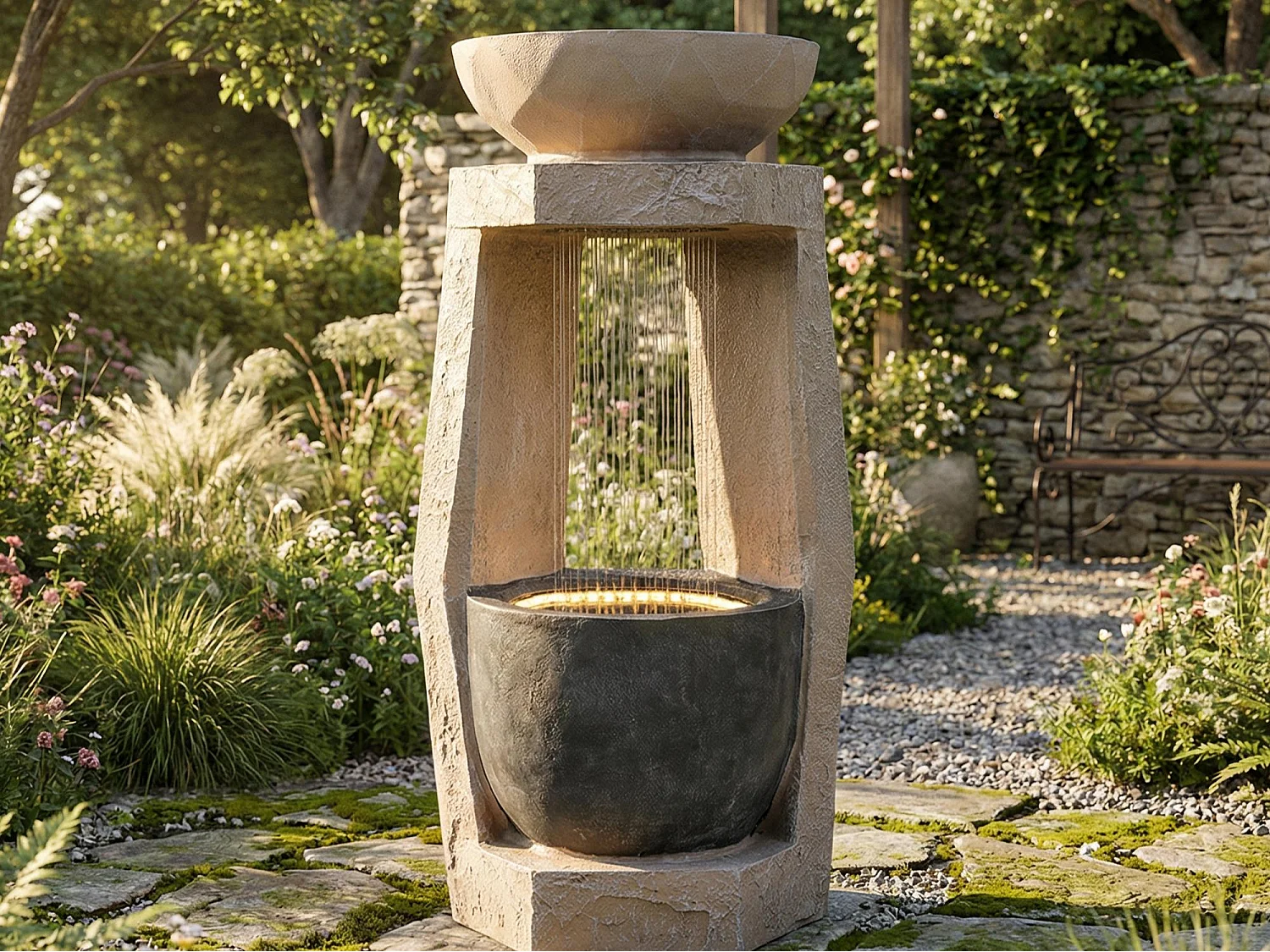 Fontaine de Jardin Colonne Design avec Effet Rideau d'Eau et LED - Sculpture Aquatique en Résine de Fibre de Verre - Pompe 600L/h - Beige et Anthracite