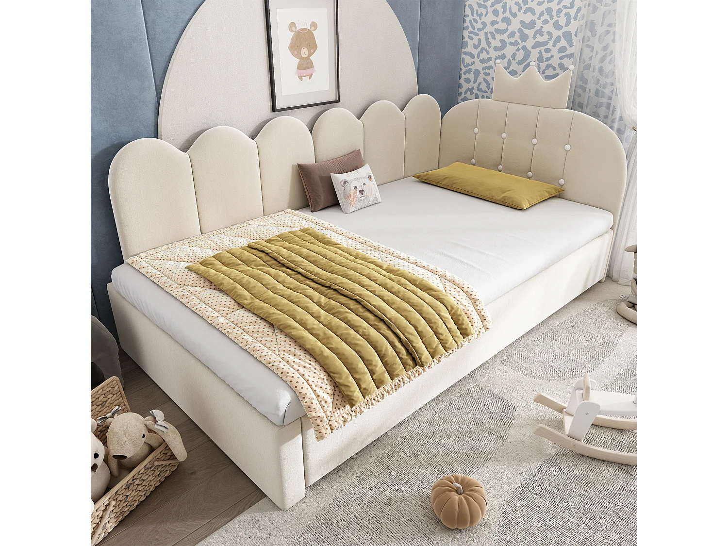 Canapé-lit 90x200 cm - avec lit gigogne 90x190 cm - comporte une décoration en forme de couronne - Velours - Beige (sans matelas)