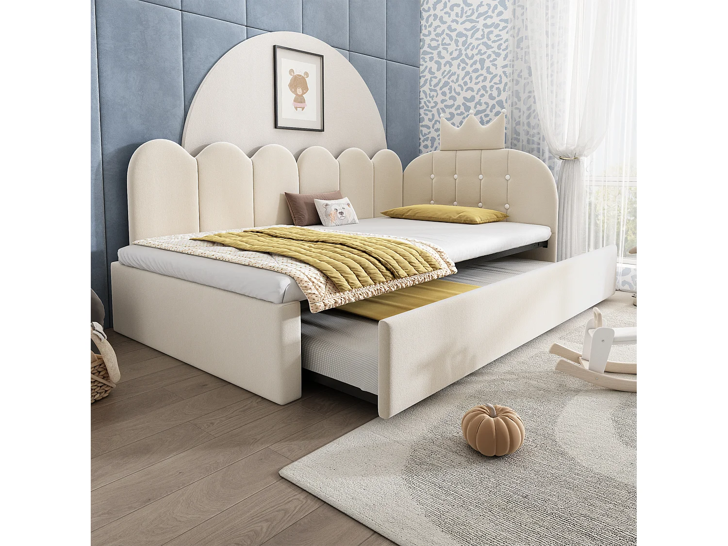 Canapé-lit 90x200 cm - avec lit gigogne 90x190 cm - comporte une décoration en forme de couronne - Velours - Beige (sans matelas)