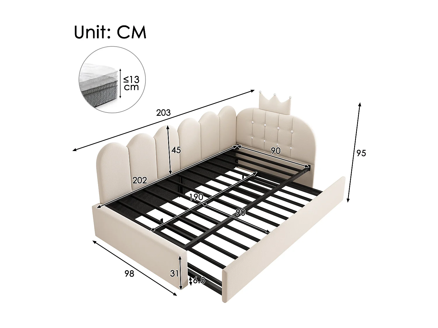 Canapé-lit 90x200 cm - avec lit gigogne 90x190 cm - comporte une décoration en forme de couronne - Velours - Beige (sans matelas)