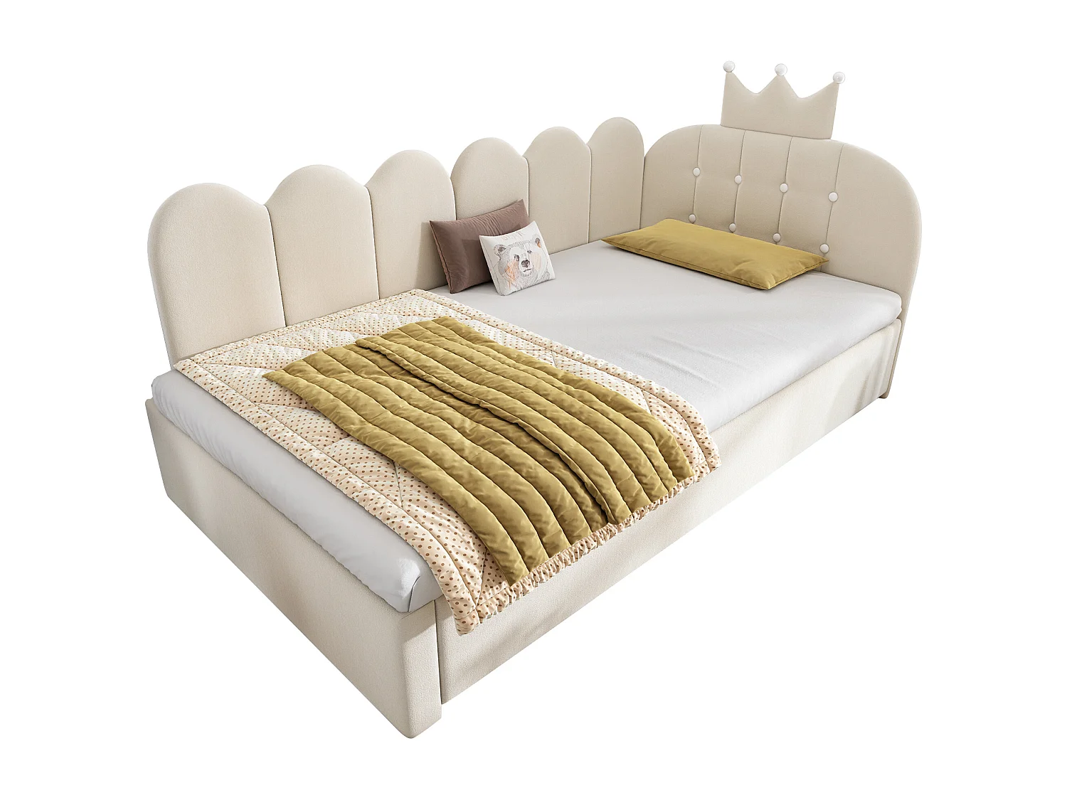 Canapé-lit 90x200 cm - avec lit gigogne 90x190 cm - comporte une décoration en forme de couronne - Velours - Beige (sans matelas)