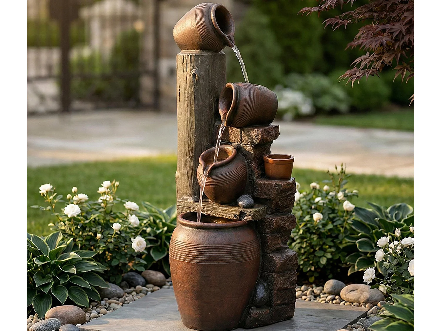 Fontaine de Jardin Cascade 4 Niveaux - Design Jarres Rustiques avec Éclairage LED et Pompe 600L/h - Décoration Extérieur/Intérieur - Marron Terre Cuite