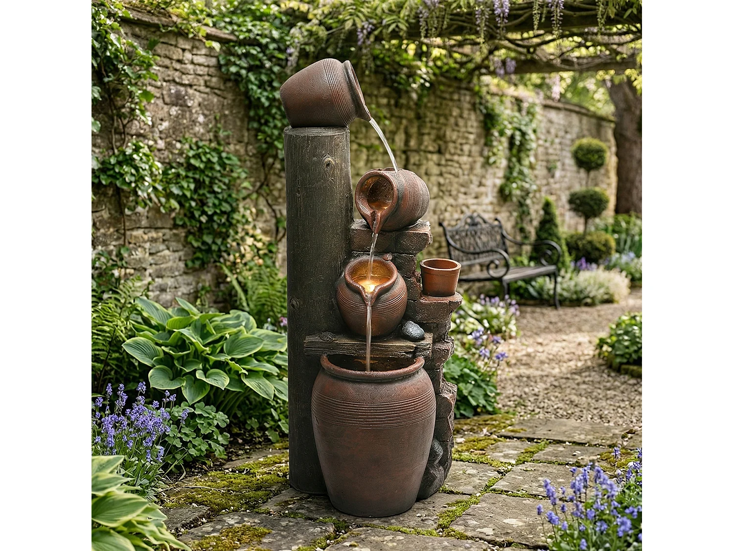 Fontaine de Jardin Cascade 4 Niveaux - Design Jarres Rustiques avec Éclairage LED et Pompe 600L/h - Décoration Extérieur/Intérieur - Marron Terre Cuite