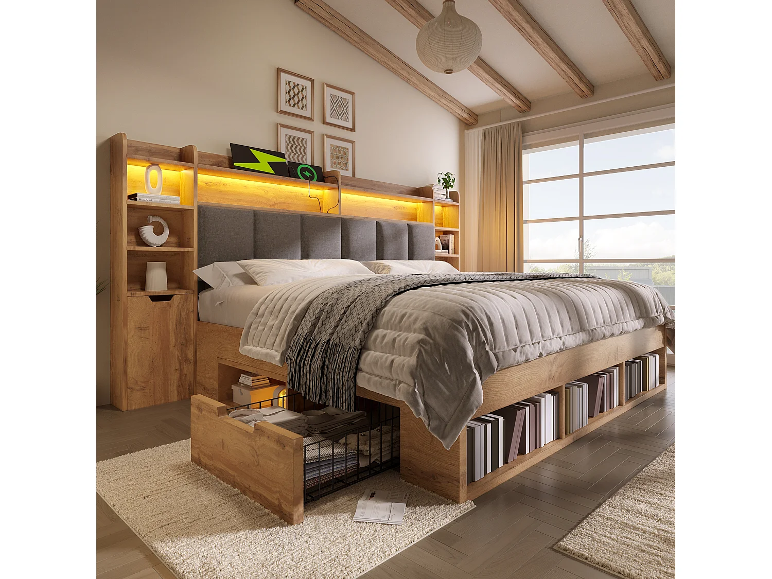 Lit adulte 160×200cm - avec éclairage LED + ports USB et Type-C - tête de lit rembourrée - avec espace de rangement - Naturel (sans matelas)