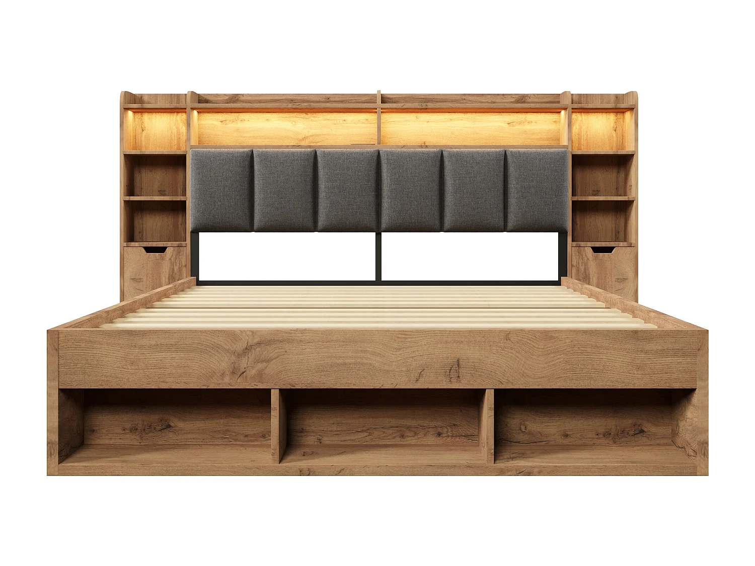 Lit adulte 160×200cm - avec éclairage LED + ports USB et Type-C - tête de lit rembourrée - avec espace de rangement - Naturel (sans matelas)