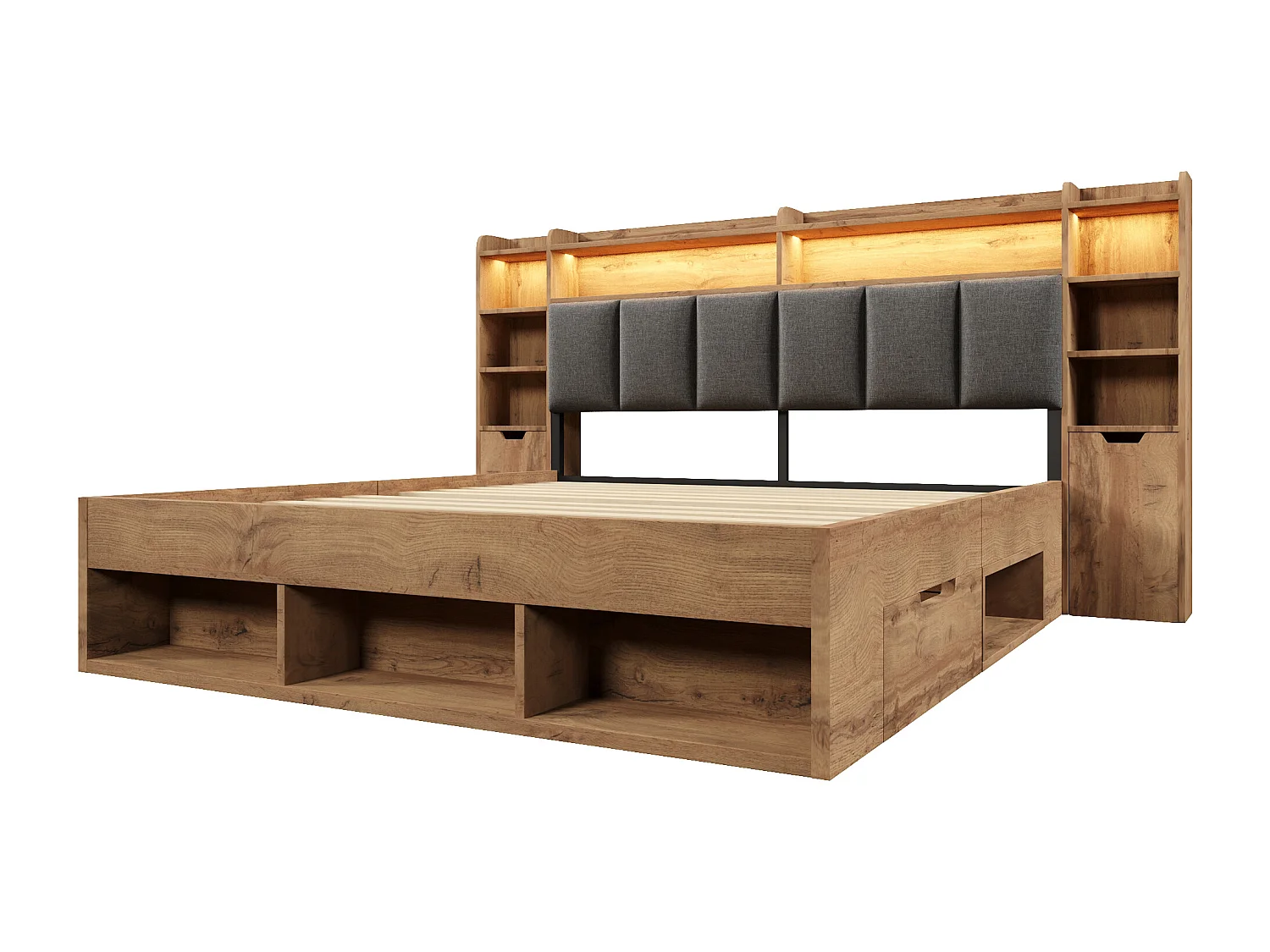 Lit adulte 160×200cm - avec éclairage LED + ports USB et Type-C - tête de lit rembourrée - avec espace de rangement - Naturel (sans matelas)