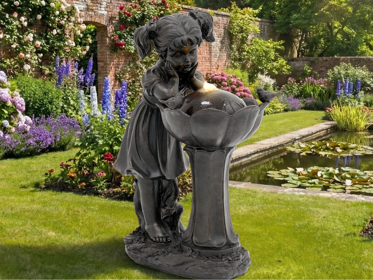 Fontaine de Jardin Figurine Fille et Oiseaux avec Éclairage LED - Cascade d'Extérieur Design Romantique en Résine - 30x42x65,5cm - Bronze Antique