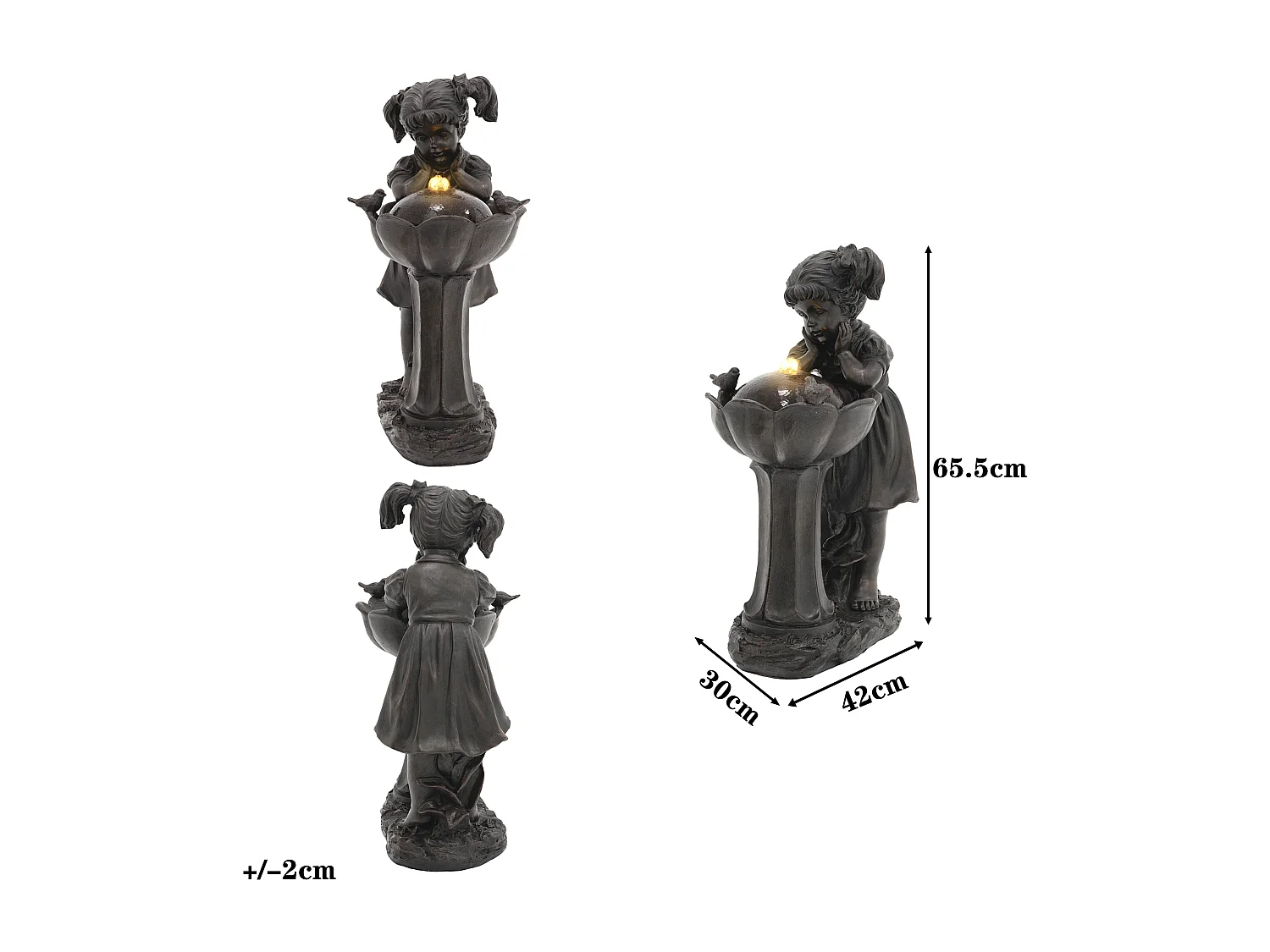 Fontaine de Jardin Figurine Fille et Oiseaux avec Éclairage LED - Cascade d'Extérieur Design Romantique en Résine - 30x42x65,5cm - Bronze Antique