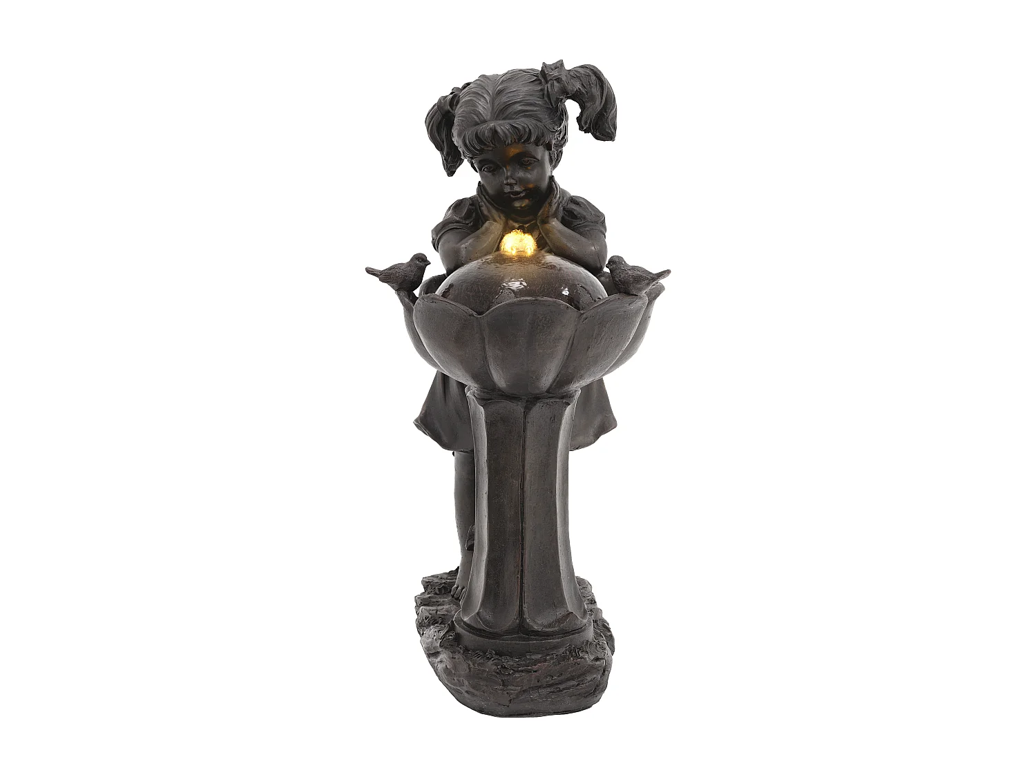 Fontaine de Jardin Figurine Fille et Oiseaux avec Éclairage LED - Cascade d'Extérieur Design Romantique en Résine - 30x42x65,5cm - Bronze Antique