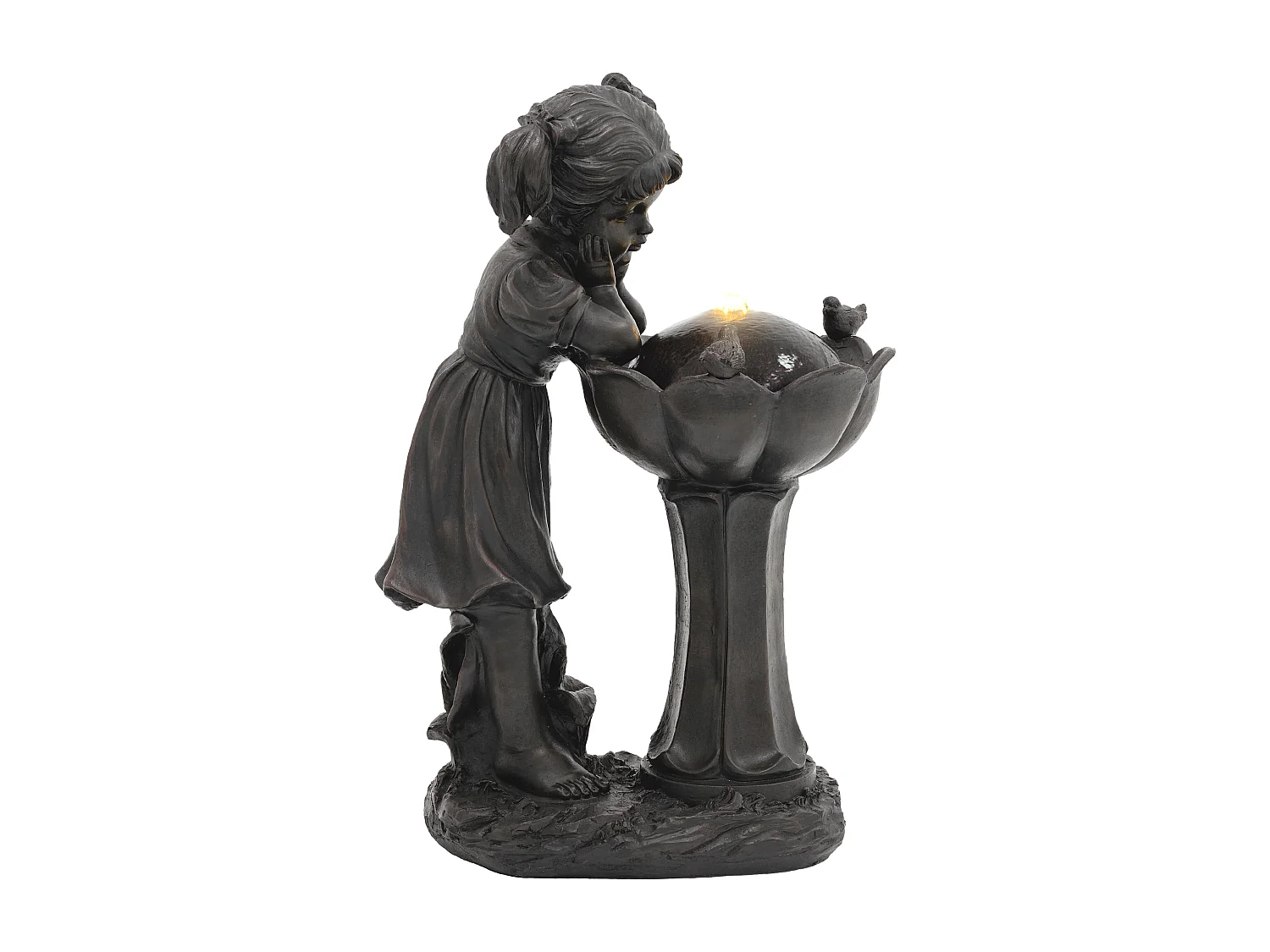Fontaine de Jardin Figurine Fille et Oiseaux avec Éclairage LED - Cascade d'Extérieur Design Romantique en Résine - 30x42x65,5cm - Bronze Antique