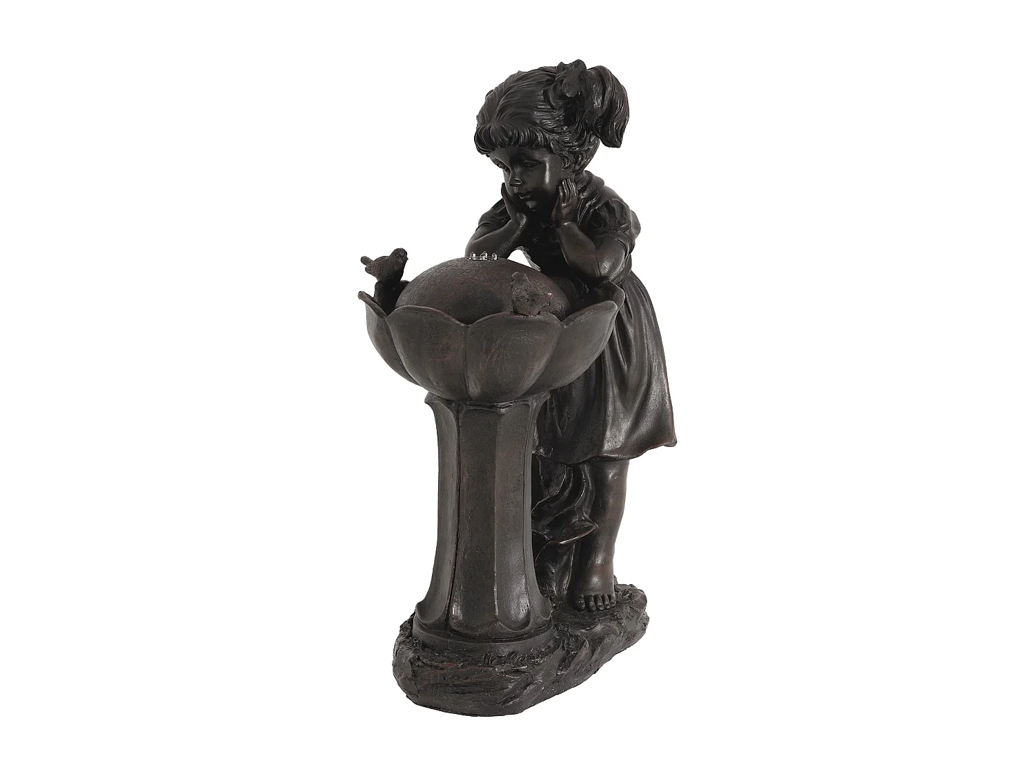 Fontaine de Jardin Figurine Fille et Oiseaux avec Éclairage LED - Cascade d'Extérieur Design Romantique en Résine - 30x42x65,5cm - Bronze Antique