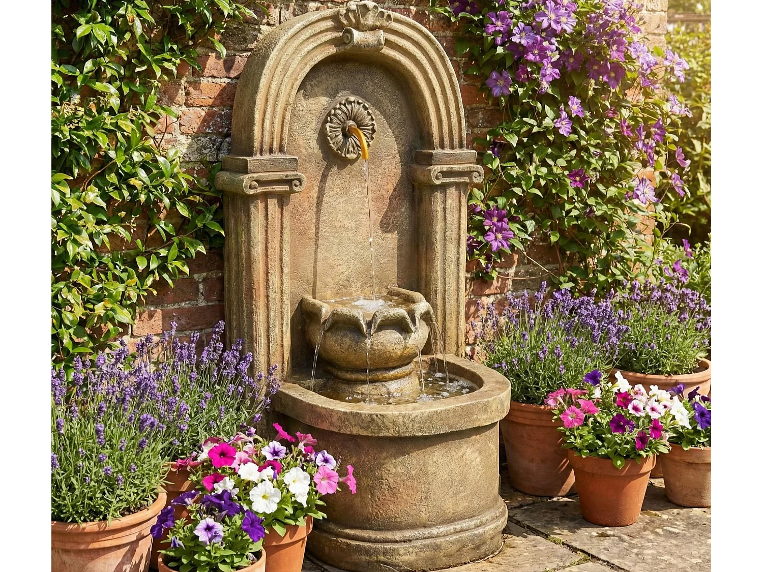 Fontaine de Jardin Murale Antique avec LED - Cascade d'Extérieur Design Européen à Arches en Résine - 50x32x90cm - Style Vieux Pierre - Marron