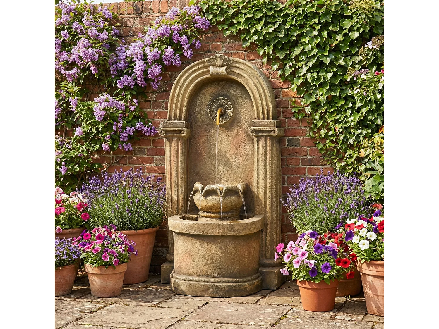 Fontaine de Jardin Murale Antique avec LED - Cascade d'Extérieur Design Européen à Arches en Résine - 50x32x90cm - Style Vieux Pierre - Marron