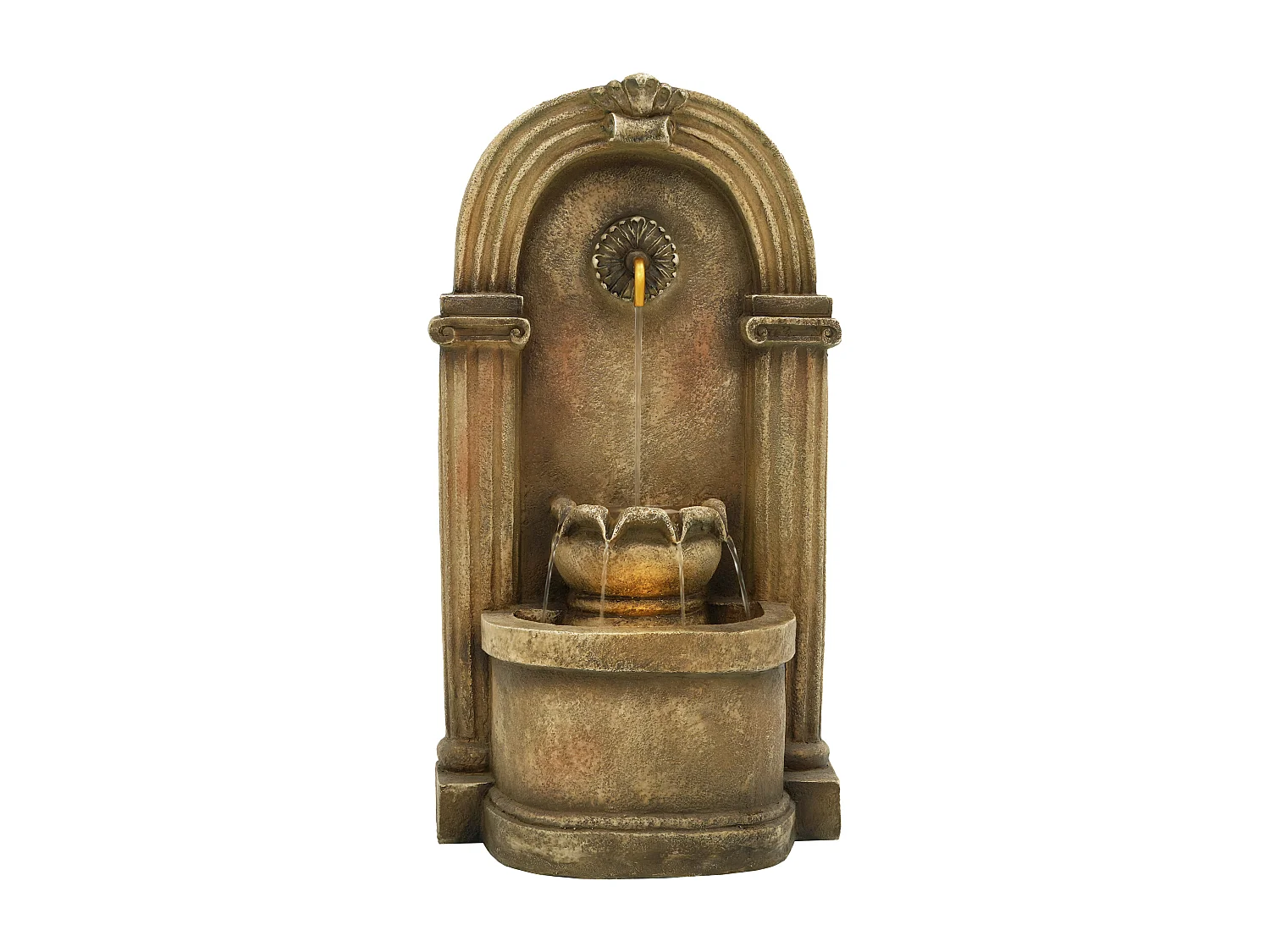 Fontaine de Jardin Murale Antique avec LED - Cascade d'Extérieur Design Européen à Arches en Résine - 50x32x90cm - Style Vieux Pierre - Marron