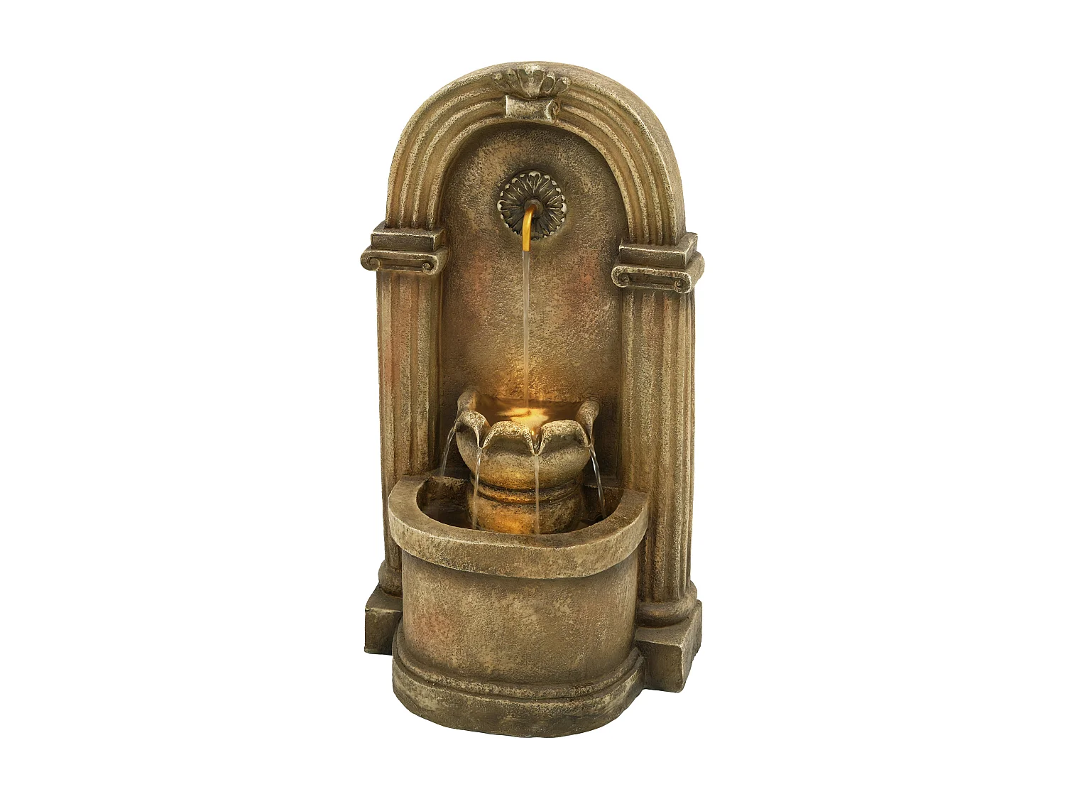 Fontaine de Jardin Murale Antique avec LED - Cascade d'Extérieur Design Européen à Arches en Résine - 50x32x90cm - Style Vieux Pierre - Marron