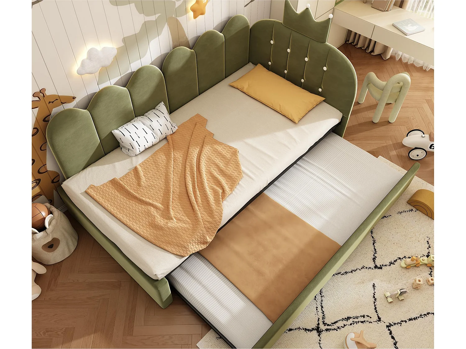 Canapé-lit 90x200 cm - avec lit gigogne 90x190 cm - comporte une décoration en forme de couronne - Velours - Vert (sans matelas)