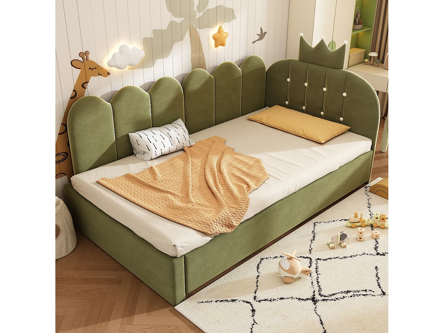 Canapé-lit 90x200 cm - avec lit gigogne 90x190 cm - comporte une décoration en forme de couronne - Velours - Vert (sans matelas)