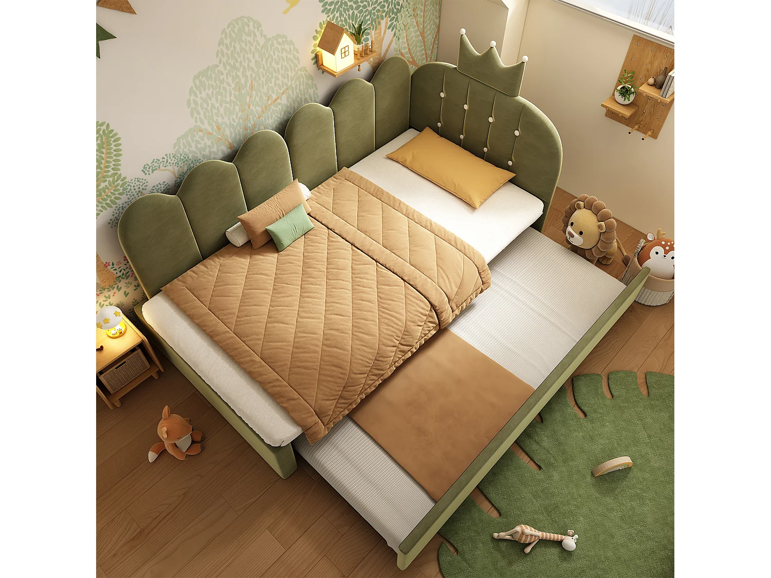 Canapé-lit 90x200 cm - avec lit gigogne 90x190 cm - comporte une décoration en forme de couronne - Velours - Vert (sans matelas)