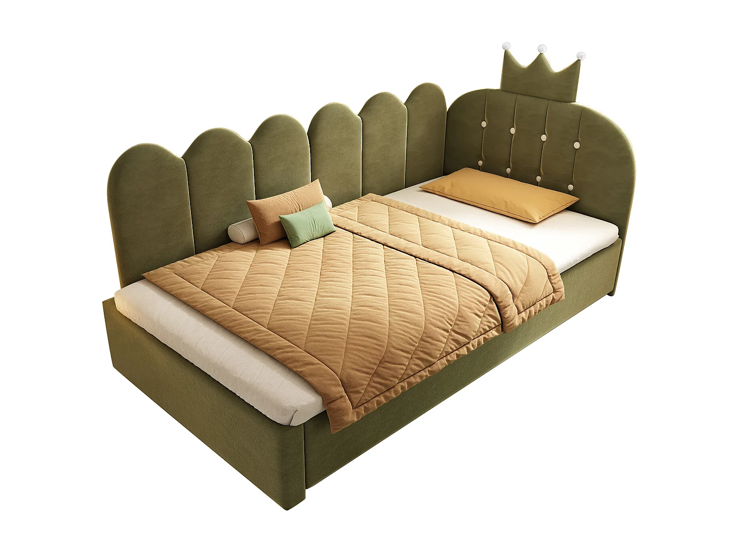 Canapé-lit 90x200 cm - avec lit gigogne 90x190 cm - comporte une décoration en forme de couronne - Velours - Vert (sans matelas)