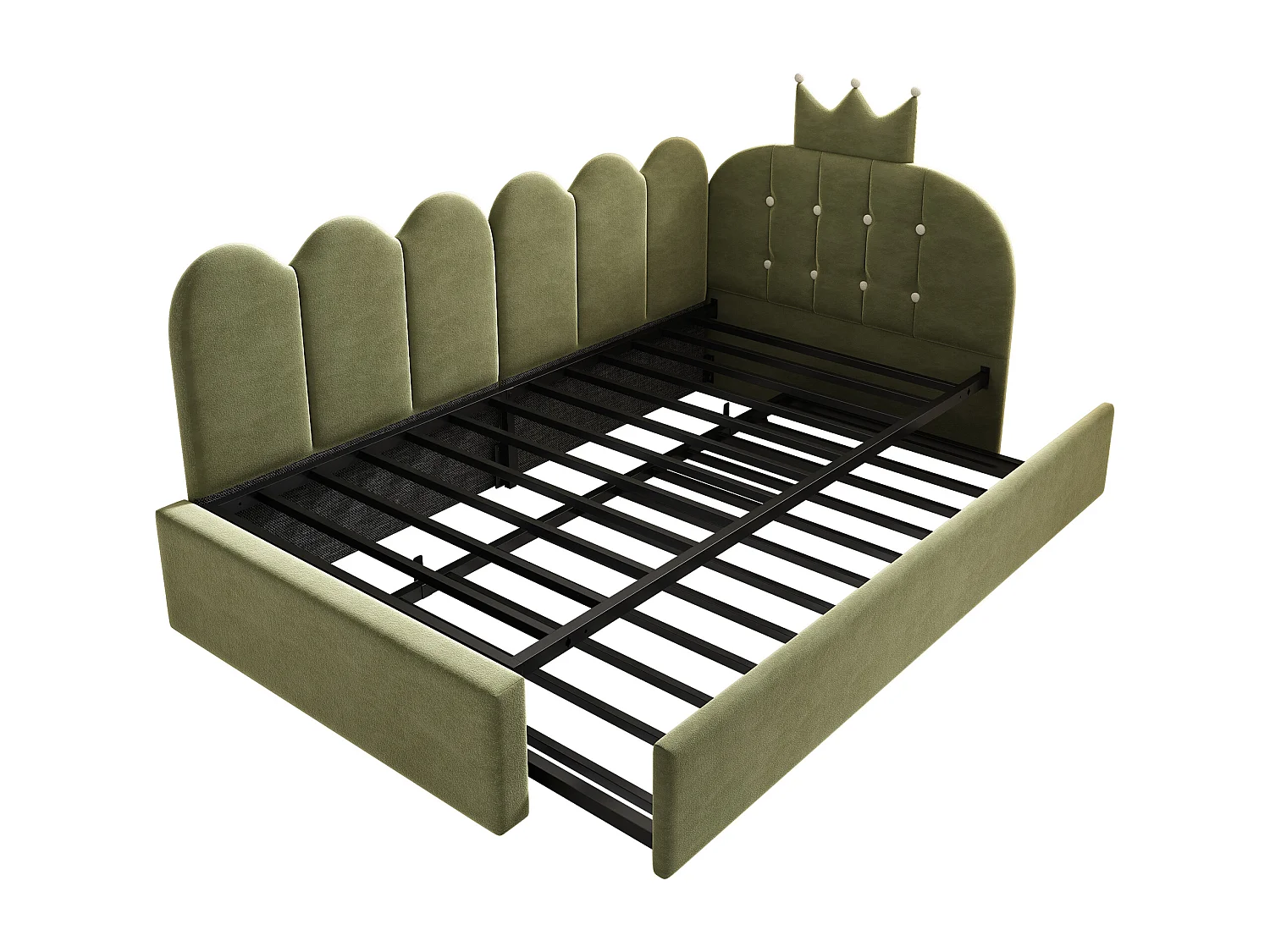 Canapé-lit 90x200 cm - avec lit gigogne 90x190 cm - comporte une décoration en forme de couronne - Velours - Vert (sans matelas)