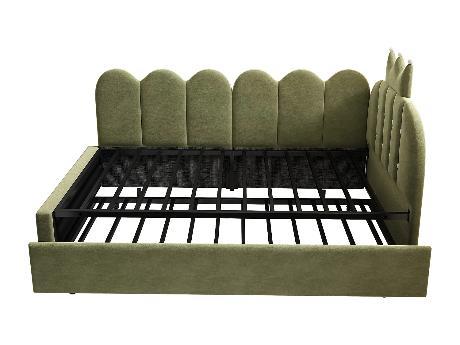 Canapé-lit 90x200 cm - avec lit gigogne 90x190 cm - comporte une décoration en forme de couronne - Velours - Vert (sans matelas)