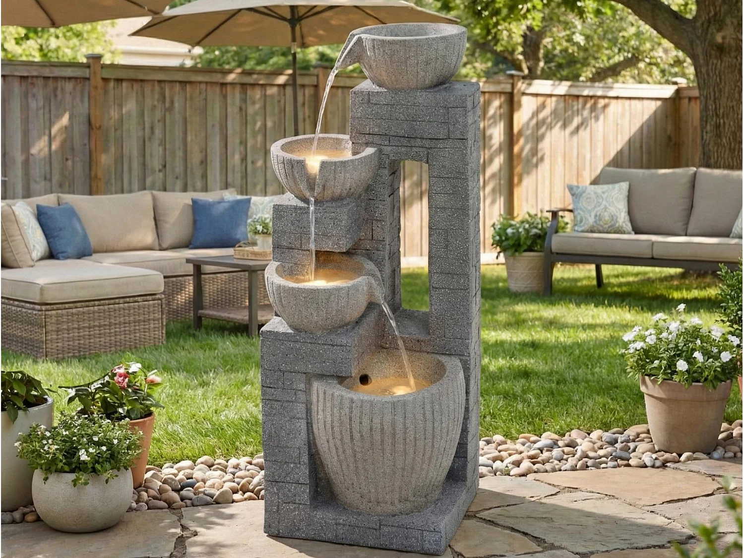 Fontaine de Jardin Cascade 80cm avec LED - Décoration d'Extérieur Design Pierre Schiste en Résine - Idéal pour Terrasse et Balcon - Gris Roche