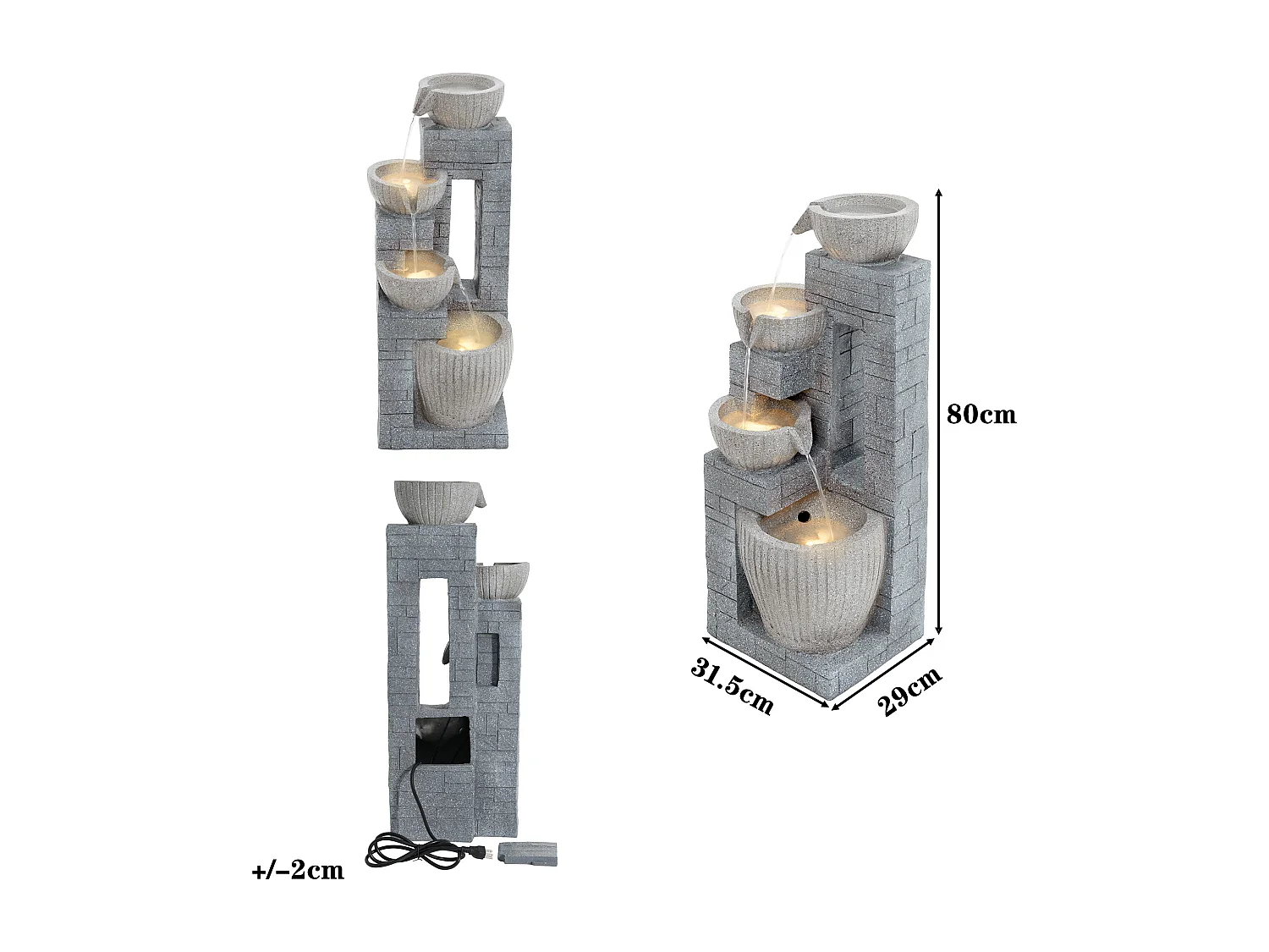 Fontaine de Jardin Cascade 80cm avec LED - Décoration d'Extérieur Design Pierre Schiste en Résine - Idéal pour Terrasse et Balcon - Gris Roche