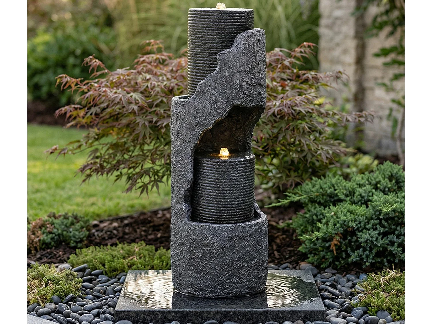 Fontaine de Jardin Colonne Design avec LED - Sculpture Aquatique en Résine de Fibre de Verre Aspect Pierre - Pompe Puissante 800L/h - Anthracite