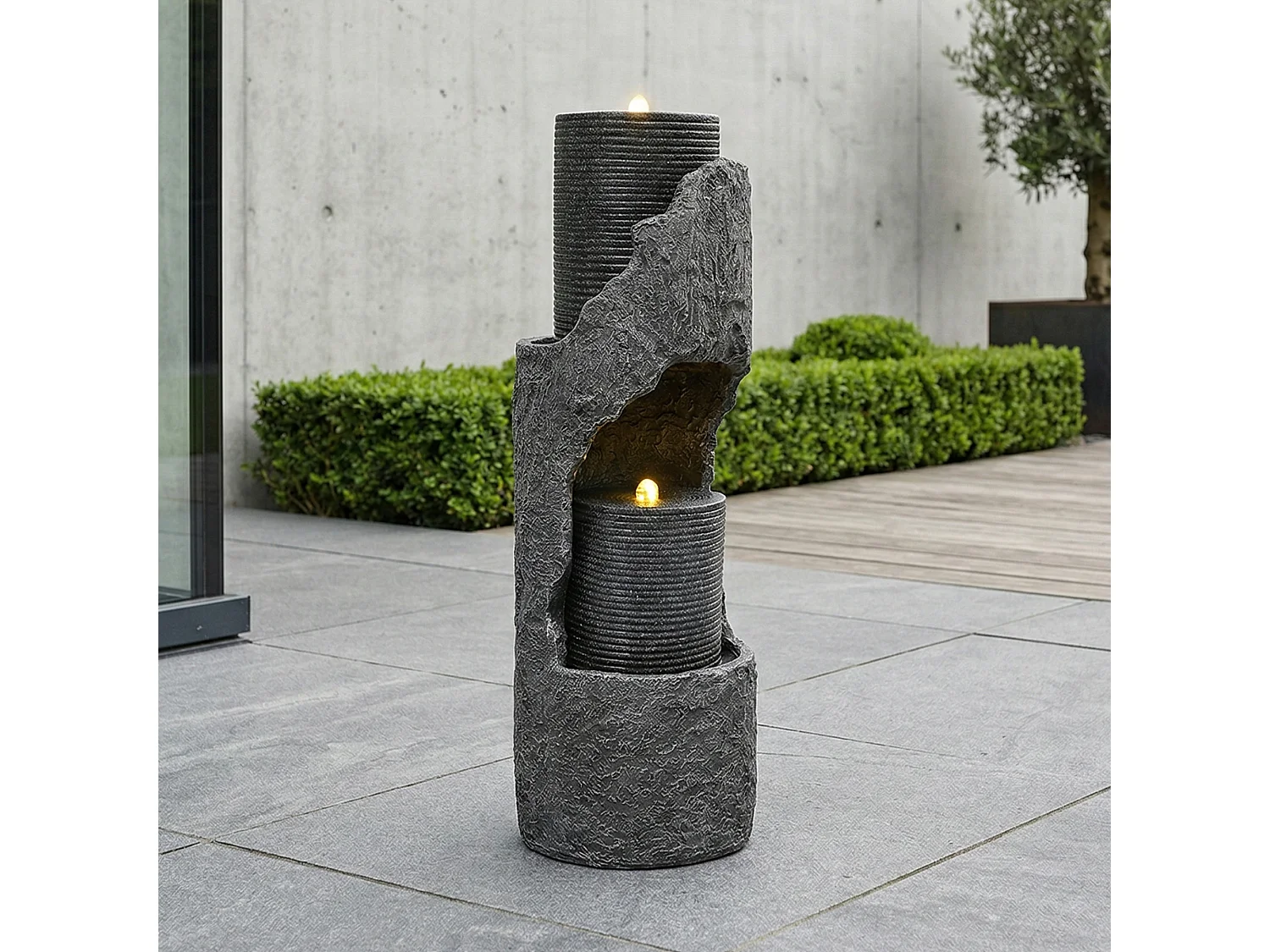Fontaine de Jardin Colonne Design avec LED - Sculpture Aquatique en Résine de Fibre de Verre Aspect Pierre - Pompe Puissante 800L/h - Anthracite