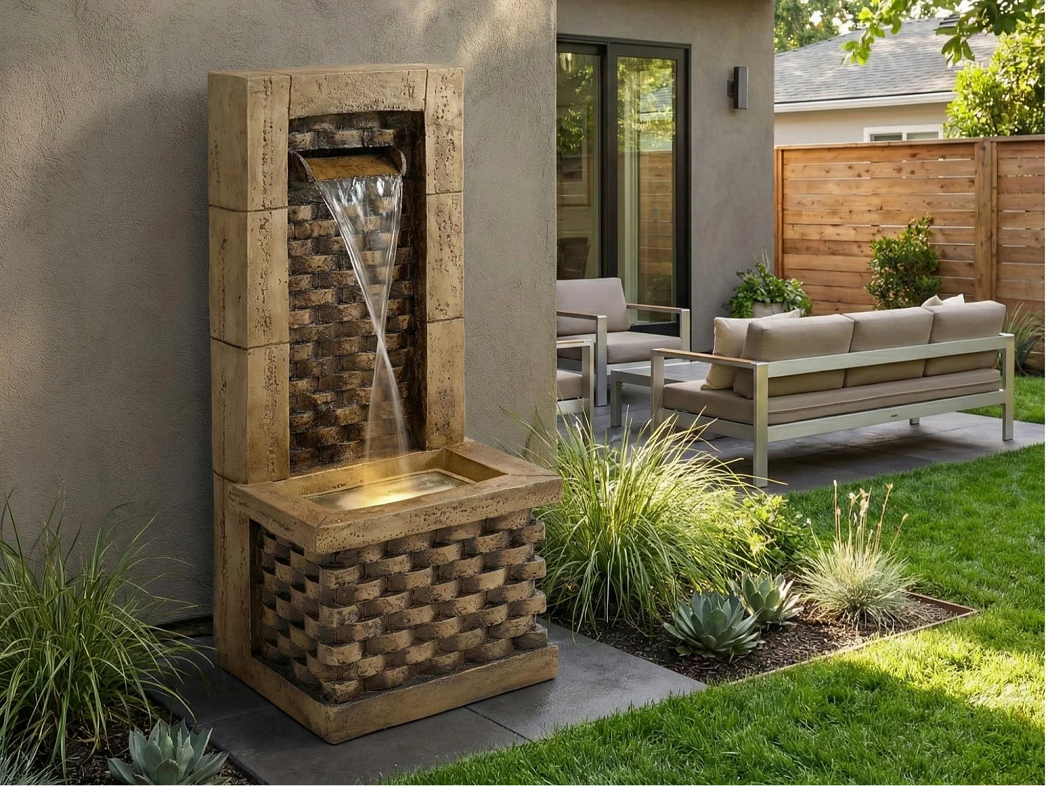 Fontaine de Jardin Murale Design Antique avec Éclairage LED - Cascade d'Extérieur en Résine Aspect Pierre - 37x31,5x89cm - Décoration Zen - Beige