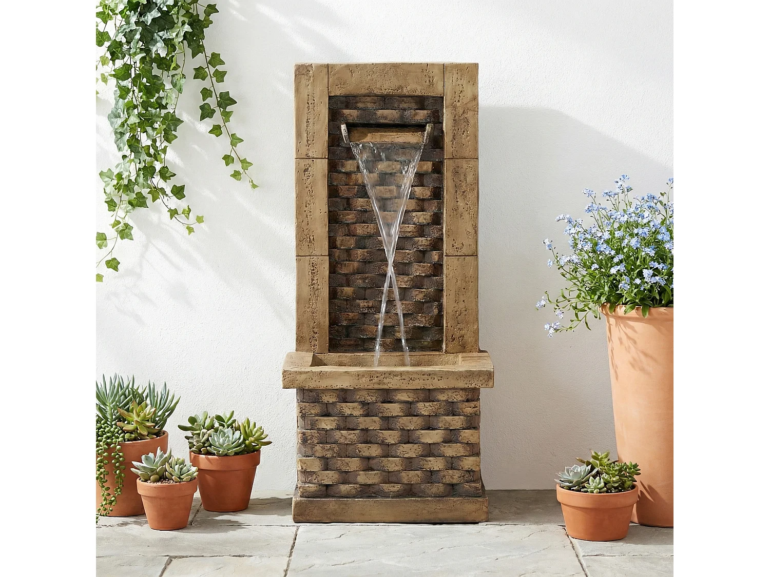 Fontaine de Jardin Murale Design Antique avec Éclairage LED - Cascade d'Extérieur en Résine Aspect Pierre - 37x31,5x89cm - Décoration Zen - Beige