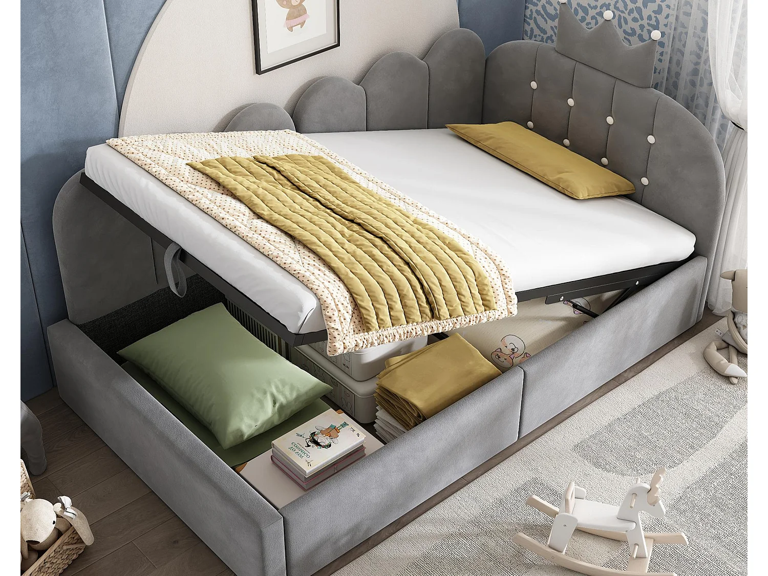 Canapé-lit coffre 90x200 cm - avec rangement - velours - comporte une décoration en forme de couronne - Gris(sans matelas)