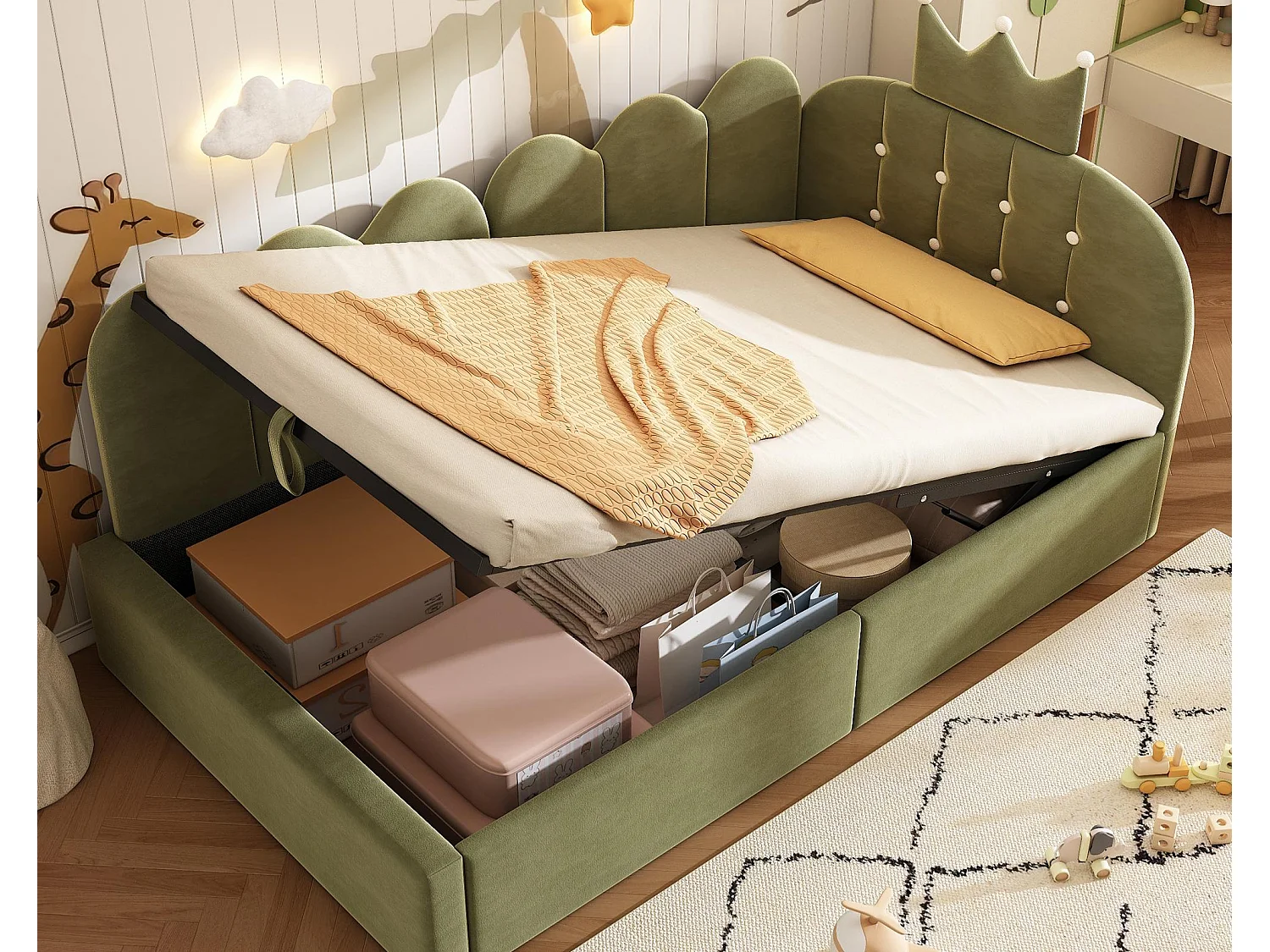 Canapé-lit coffre 90x190 cm - avec rangement - velours - comporte une décoration en forme de couronne - Vert(sans matelas)