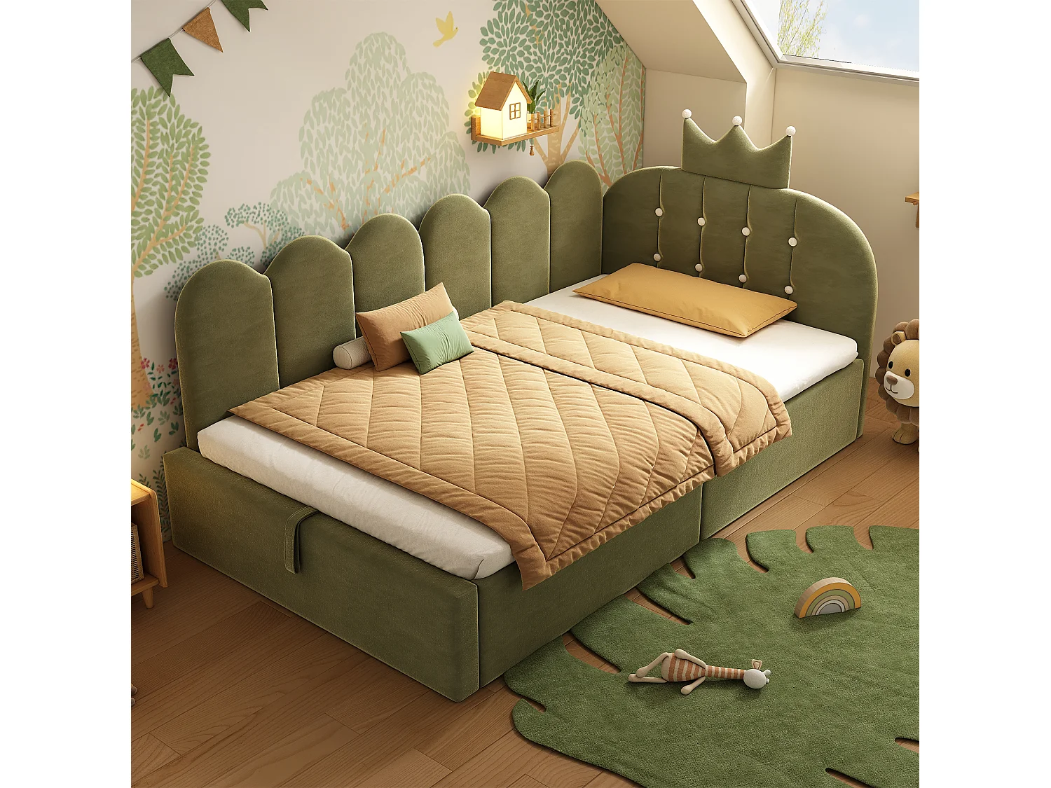 Canapé-lit coffre 90x190 cm - avec rangement - velours - comporte une décoration en forme de couronne - Vert(sans matelas)
