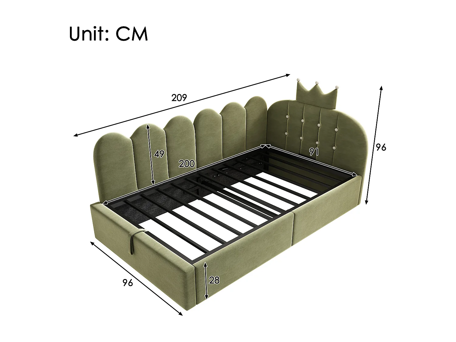 Canapé-lit coffre 90x200 cm - avec rangement - velours - comporte une décoration en forme de couronne - Vert(sans matelas)