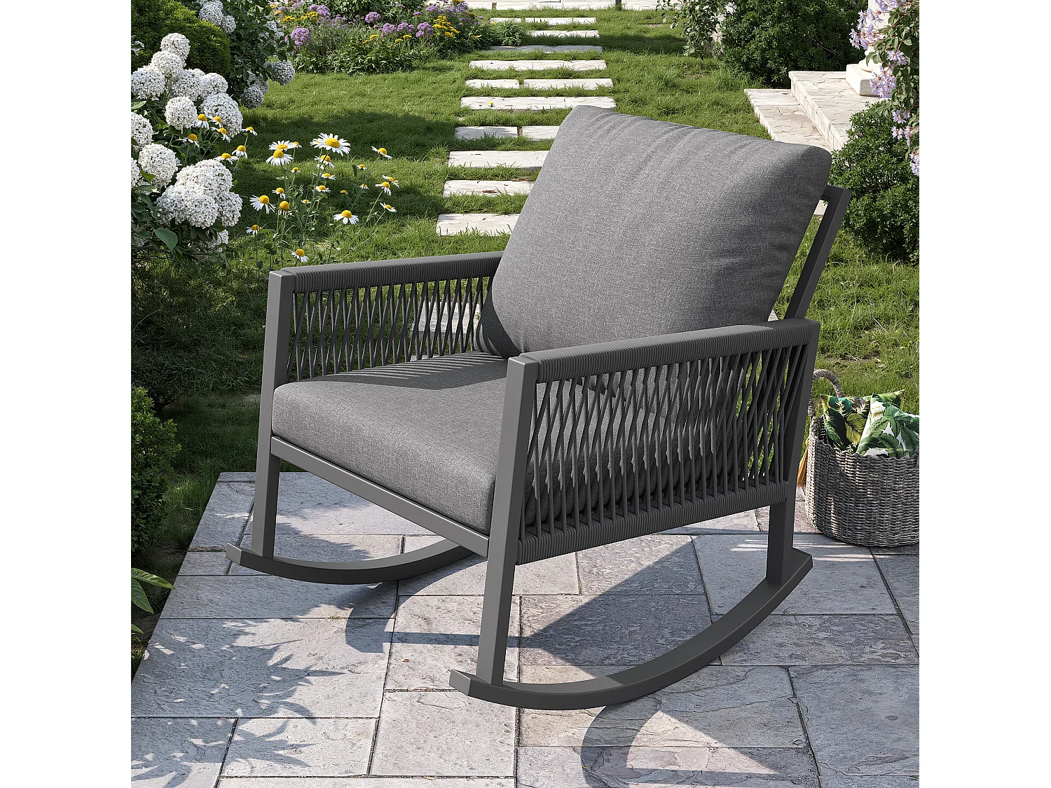 Fauteuil à Bascule de Jardin avec Accoudoirs en Corde Tressée Croisée - Rocking Chair d'Extérieur Design Moderne - Structure Métal - Gris