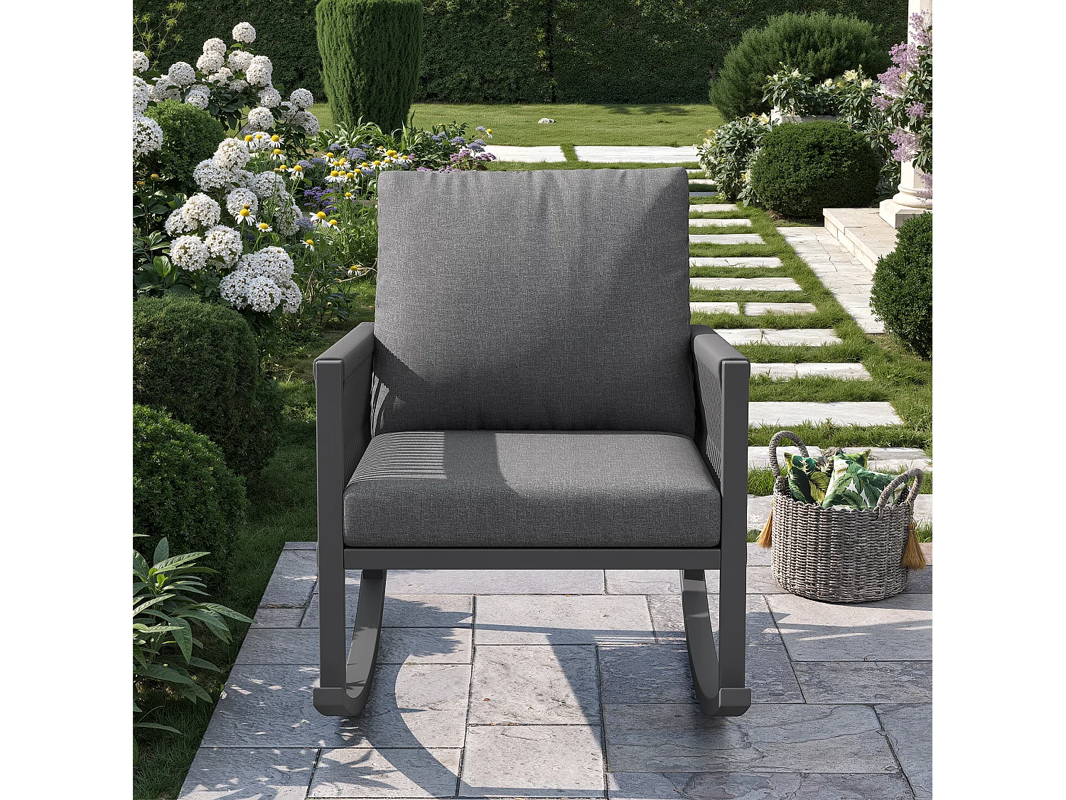 Fauteuil à Bascule de Jardin avec Accoudoirs en Corde Tressée Croisée - Rocking Chair d'Extérieur Design Moderne - Structure Métal - Gris