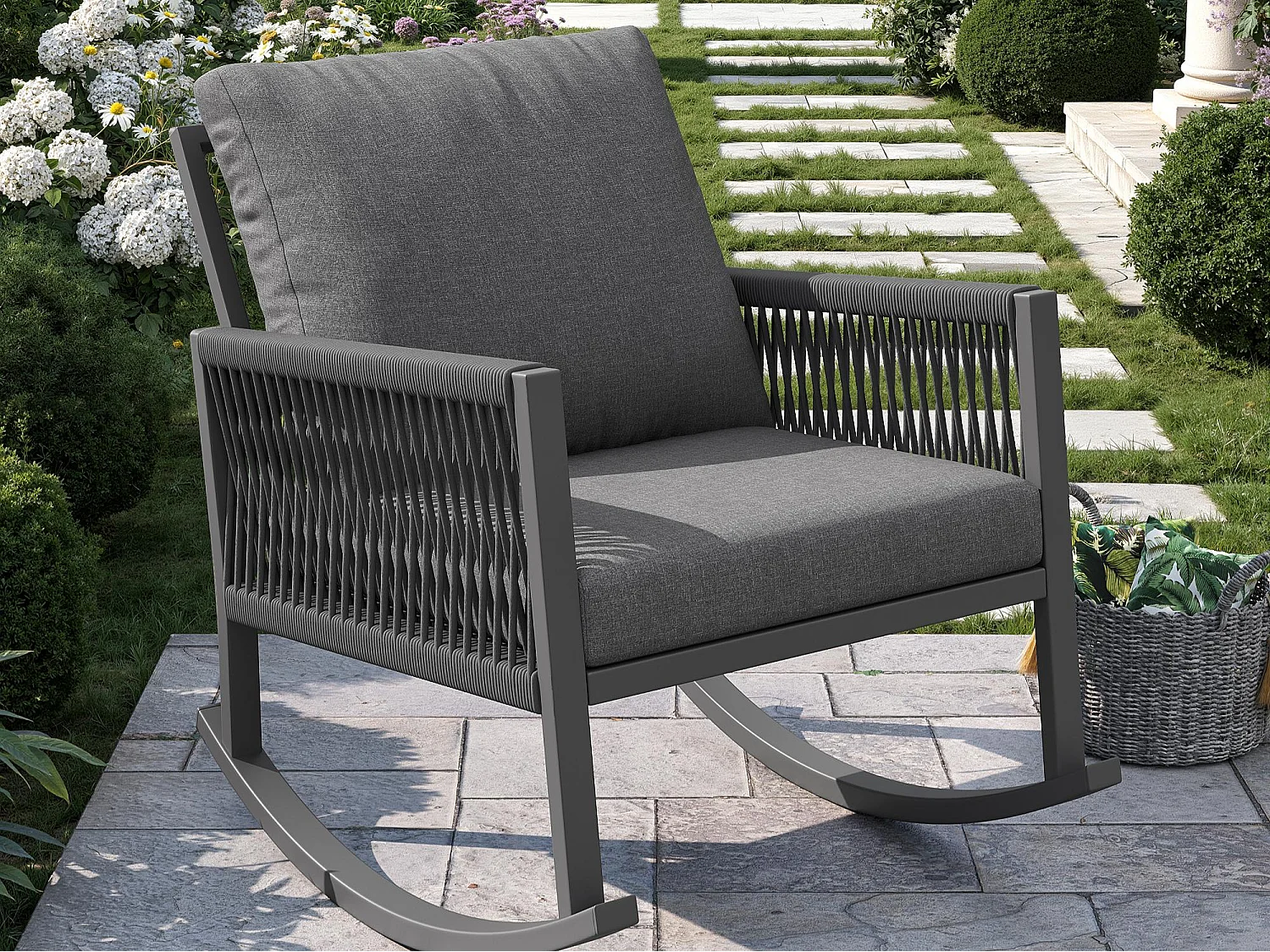 Fauteuil à Bascule de Jardin avec Accoudoirs en Corde Tressée Croisée - Rocking Chair d'Extérieur Design Moderne - Structure Métal - Gris