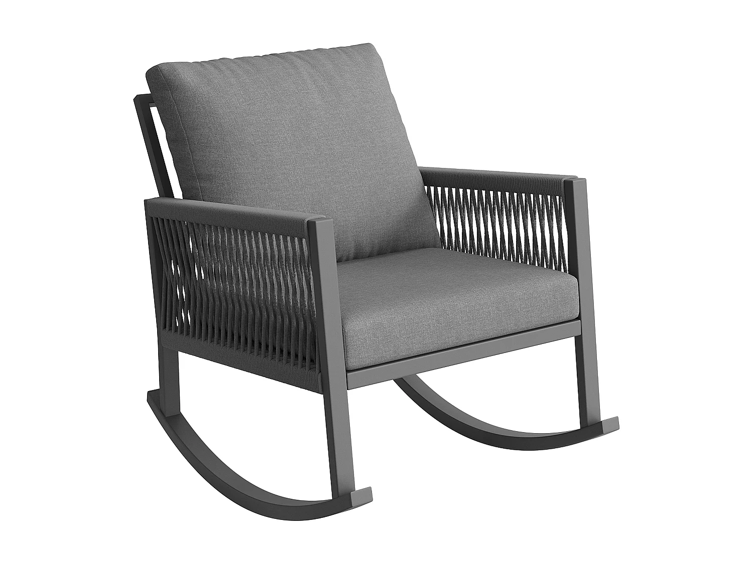 Fauteuil à Bascule de Jardin avec Accoudoirs en Corde Tressée Croisée - Rocking Chair d'Extérieur Design Moderne - Structure Métal - Gris