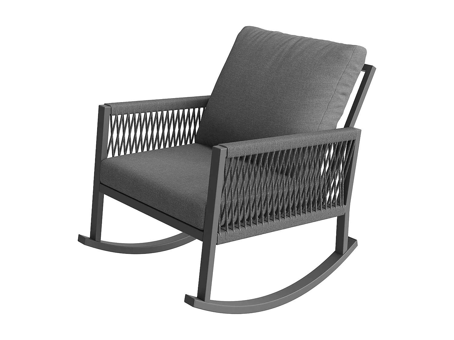 Fauteuil à Bascule de Jardin avec Accoudoirs en Corde Tressée Croisée - Rocking Chair d'Extérieur Design Moderne - Structure Métal - Gris