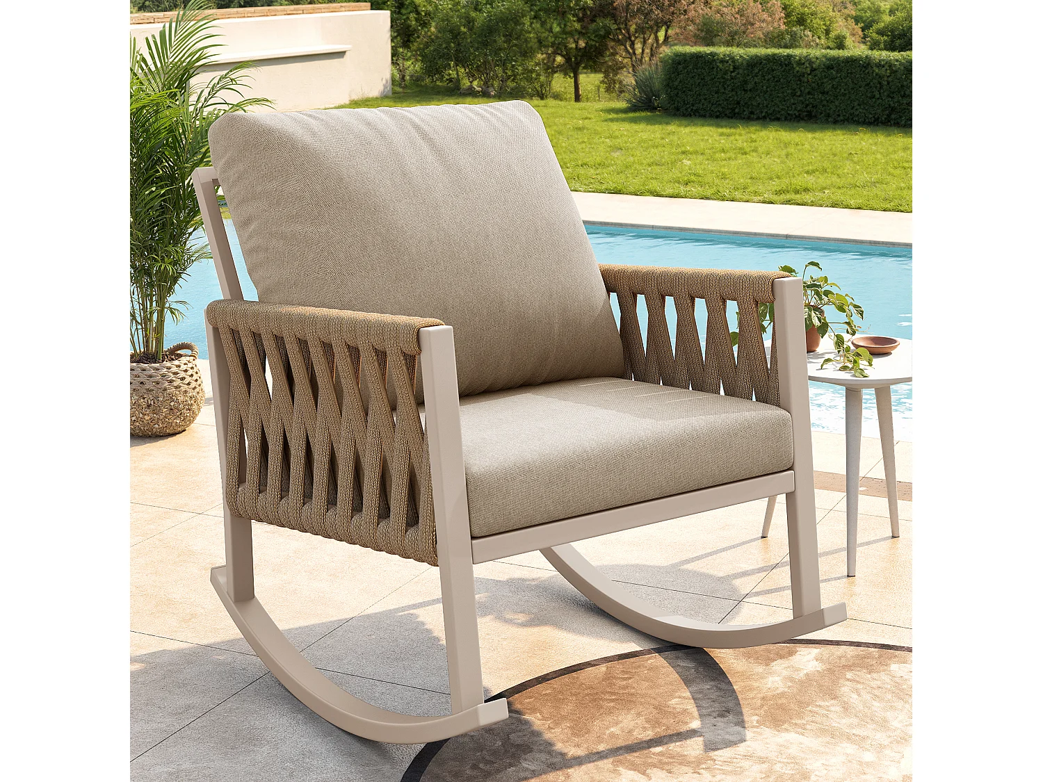 Tuin Schommelstoel met Kruisgevlochten Koord Rughouding - Moderne Design Buitenschommelstoel - Metalen Frame - Beige