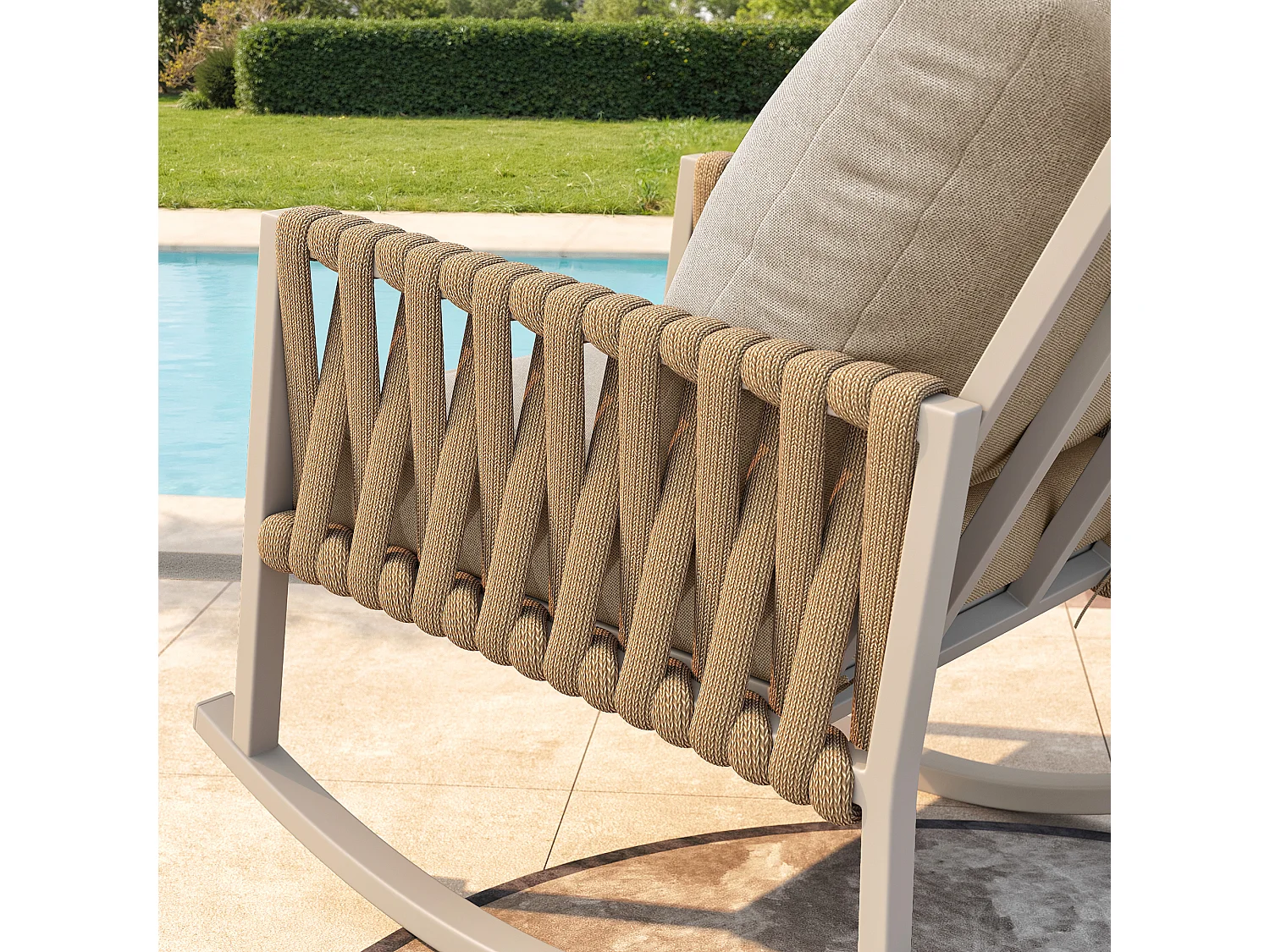 Tuin Schommelstoel met Kruisgevlochten Koord Rughouding - Moderne Design Buitenschommelstoel - Metalen Frame - Beige