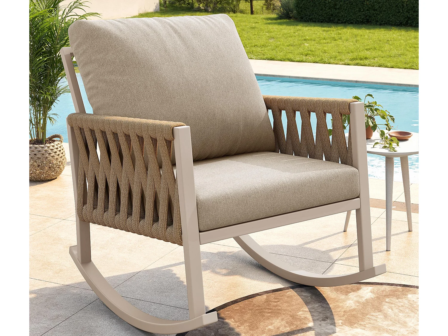 Fauteuil à Bascule de Jardin avec Dossier en Corde Tressée Croisée - Rocking Chair d'Extérieur Design Moderne - Structure Métal - Beige
