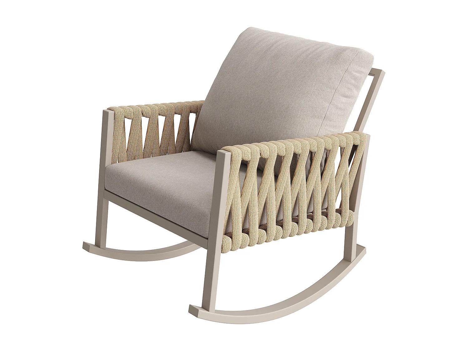 Fauteuil à Bascule de Jardin avec Dossier en Corde Tressée Croisée - Rocking Chair d'Extérieur Design Moderne - Structure Métal - Beige