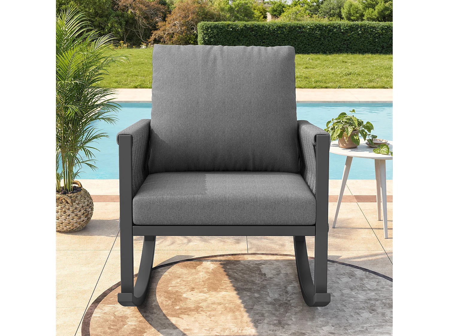 Fauteuil à Bascule de Jardin avec Dossier en Corde Tressée Croisée - Rocking Chair d'Extérieur Design Moderne - Structure Métal - Gris