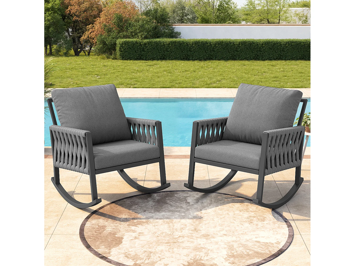 Fauteuil à Bascule de Jardin avec Dossier en Corde Tressée Croisée - Rocking Chair d'Extérieur Design Moderne - Structure Métal - Gris