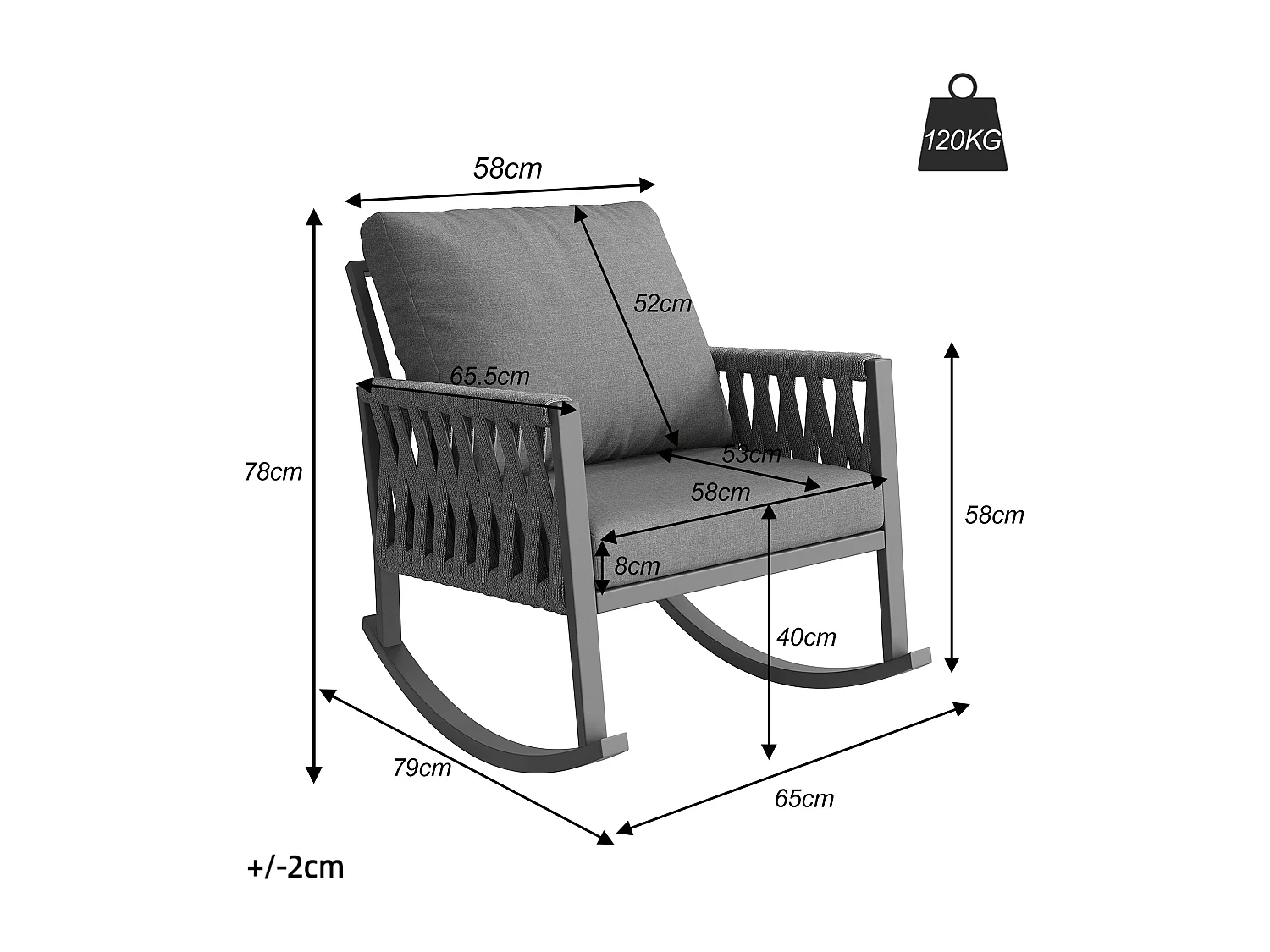 Fauteuil à Bascule de Jardin avec Dossier en Corde Tressée Croisée - Rocking Chair d'Extérieur Design Moderne - Structure Métal - Gris
