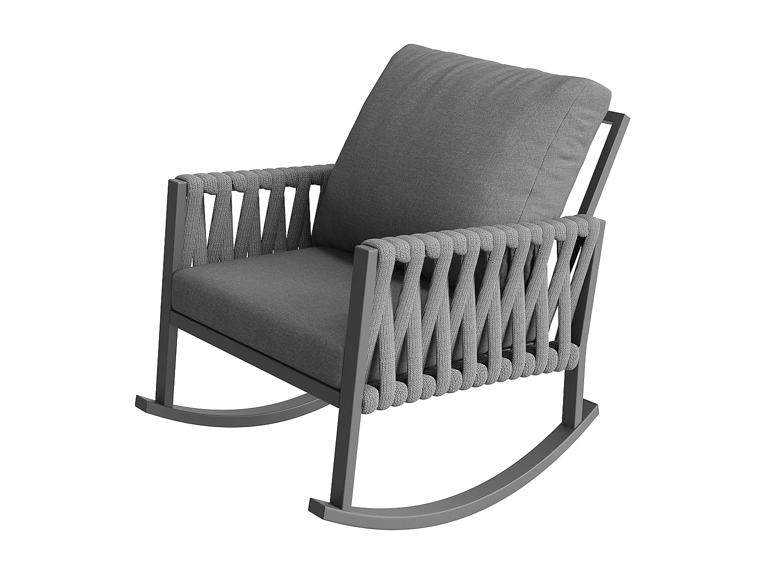 Fauteuil à Bascule de Jardin avec Dossier en Corde Tressée Croisée - Rocking Chair d'Extérieur Design Moderne - Structure Métal - Gris