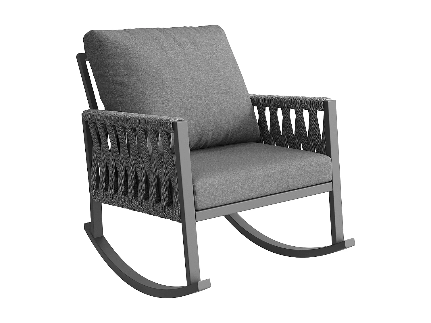 Fauteuil à Bascule de Jardin avec Dossier en Corde Tressée Croisée - Rocking Chair d'Extérieur Design Moderne - Structure Métal - Gris